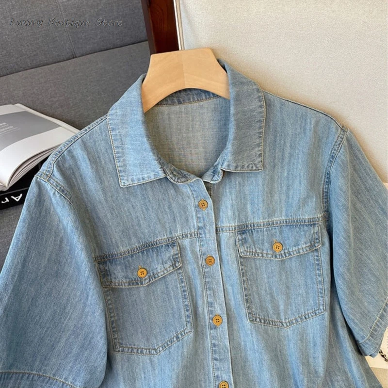 Short Sleeve Lapel Shirts + Elastic Waist Shorts Thin Denim Summer 2 Piece Set Single Breasted T-shirts Trouser Women Outfits