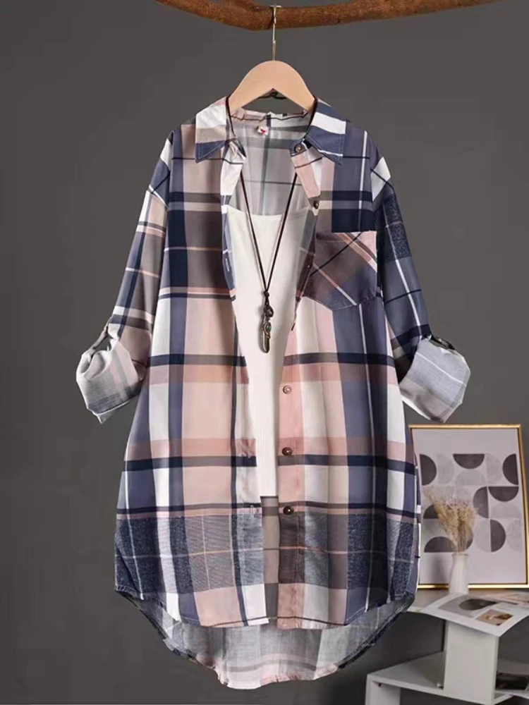 Plus Size Cotton Mid Length Plaid Print Women Autumn Shirts Casual Female Korean Fashion Long Sleeve Single-breasted Blouses Best Sellers In Plus Sized Clothing