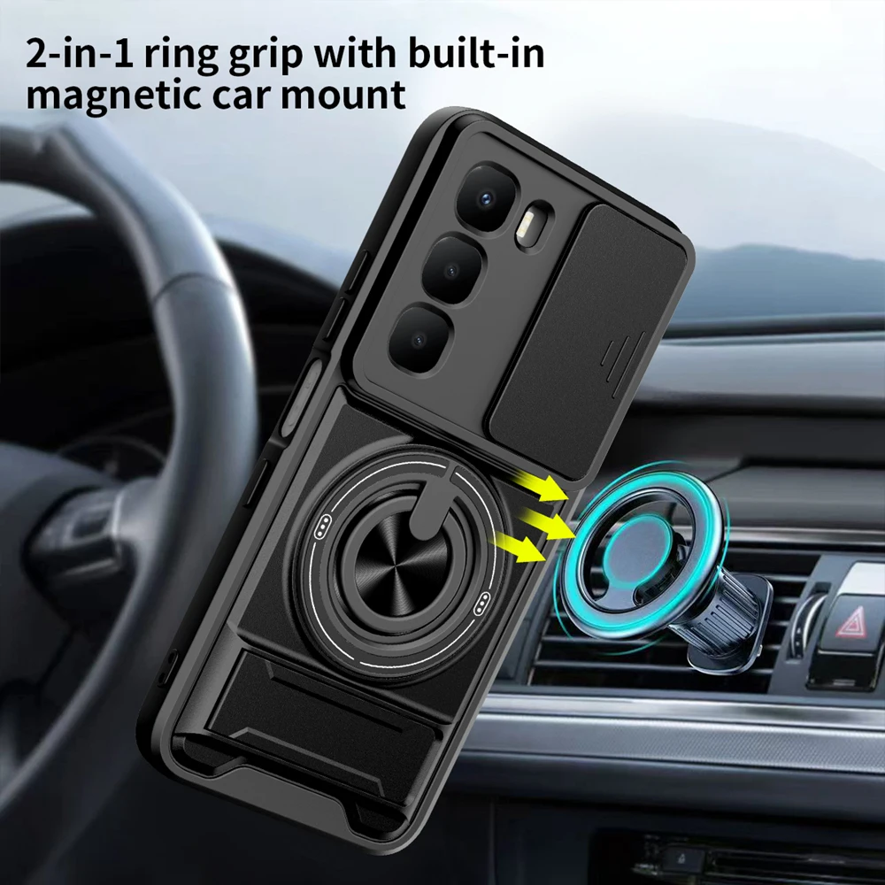 Magnetic Phone Case with Slide Camera Protection and Upright Kickstand - Shockproof Cover
