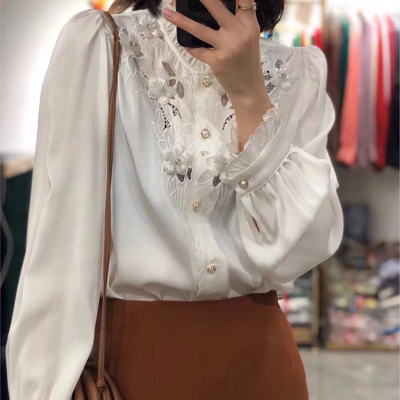 Women Satin Elegant Chic Ruffle Lace Flower Beads Button Shirts Fashion Vintage Sexy Hollow White Long Sleeve Loose Blouses Tops