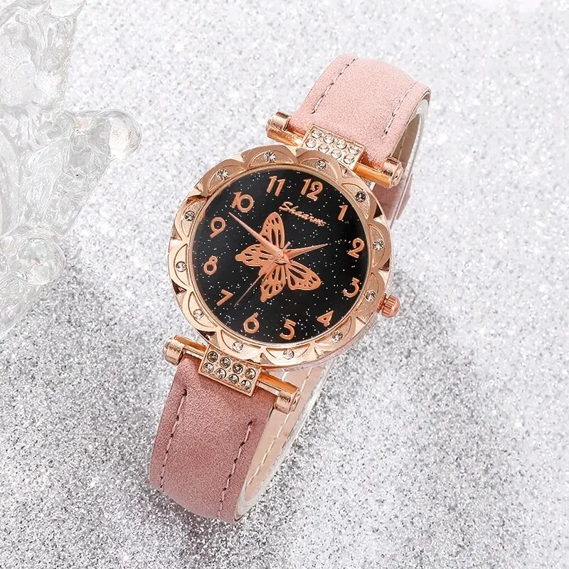 Pink Pearl Butterfly Watches for Women Fashion Rhinestone Casual Bracelet Watch Simple Female Clock Ladies Quartz Wristwatches women watches electronic watch