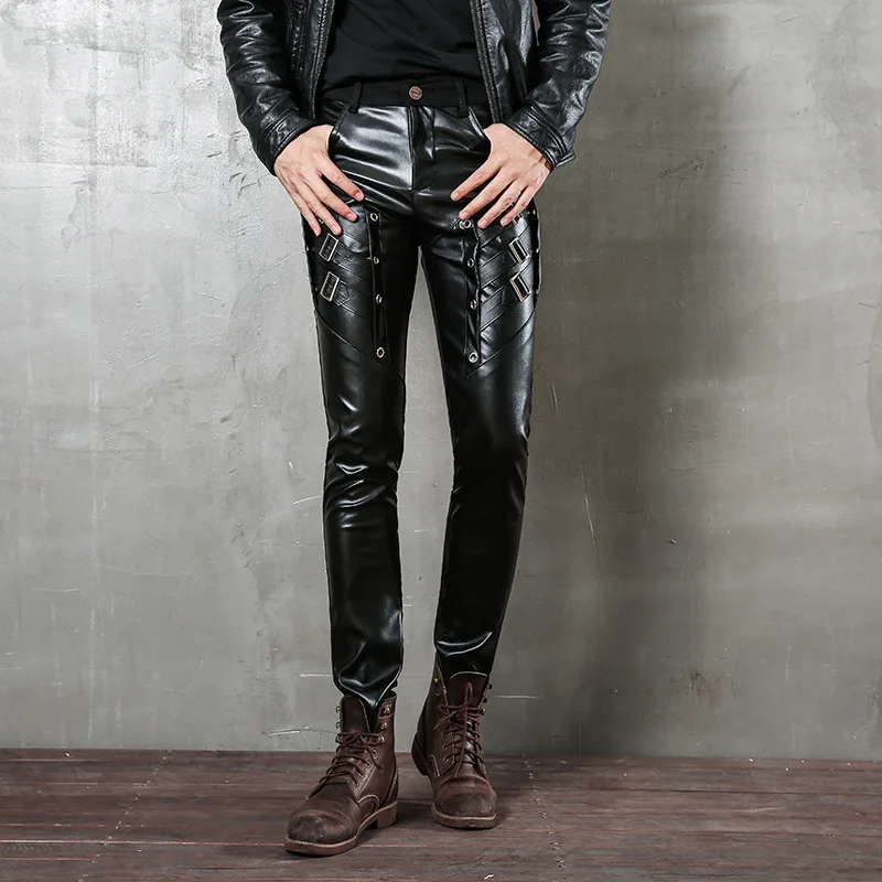 Mens Punk Fashion PU Leather Pants Personality Motorcycle Pencil Trousers Hip Hop Applique Black Leather Trousers Male image