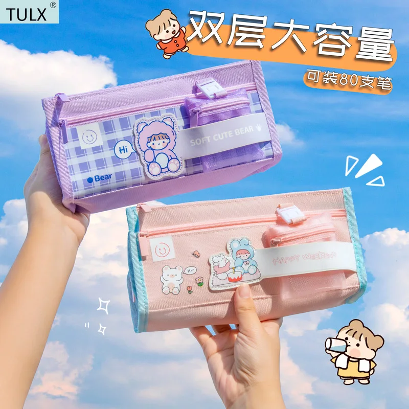 Cute Multi-layer Pencil Case Large Capacity Aesthetic Stationery Anime  Pencil Bag Box for Girls Organizer Kawaii School Supplies