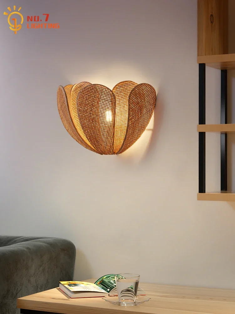 Japanese Wabi-Sabi Rattan Weaving Petal Wall Lamp LED E27 Atmosphere Art Decorative Wall Mounted Modern Light Fixtures Luminaria 2