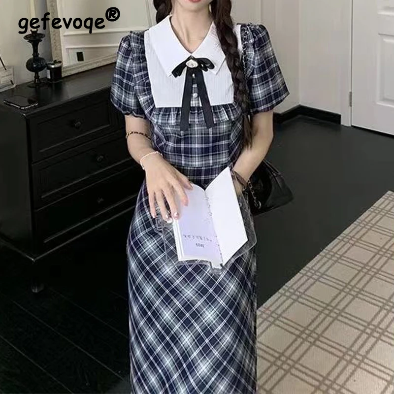 여성용 프릴 반팔 하이 웨이스트 슬림 원피스, 빈티지 격자 무늬 프린트 패치워크, 활 스위트 드레스, 프레피 스타일, 여름 Y2K 