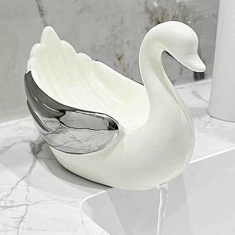 Ceramic Draining Soap Box, Light luxury Cartoon Cute Swan Shaped Soap Dishes, Home, Bathroom Kitchen Supplies, Storage Rack, 1Pc