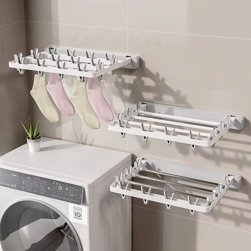 Folding Drying Rack Wall Mounted Clothes Hanger Drying Clip Windproof Sock Clip Multi Functional Towel Hanger Space Saving 2