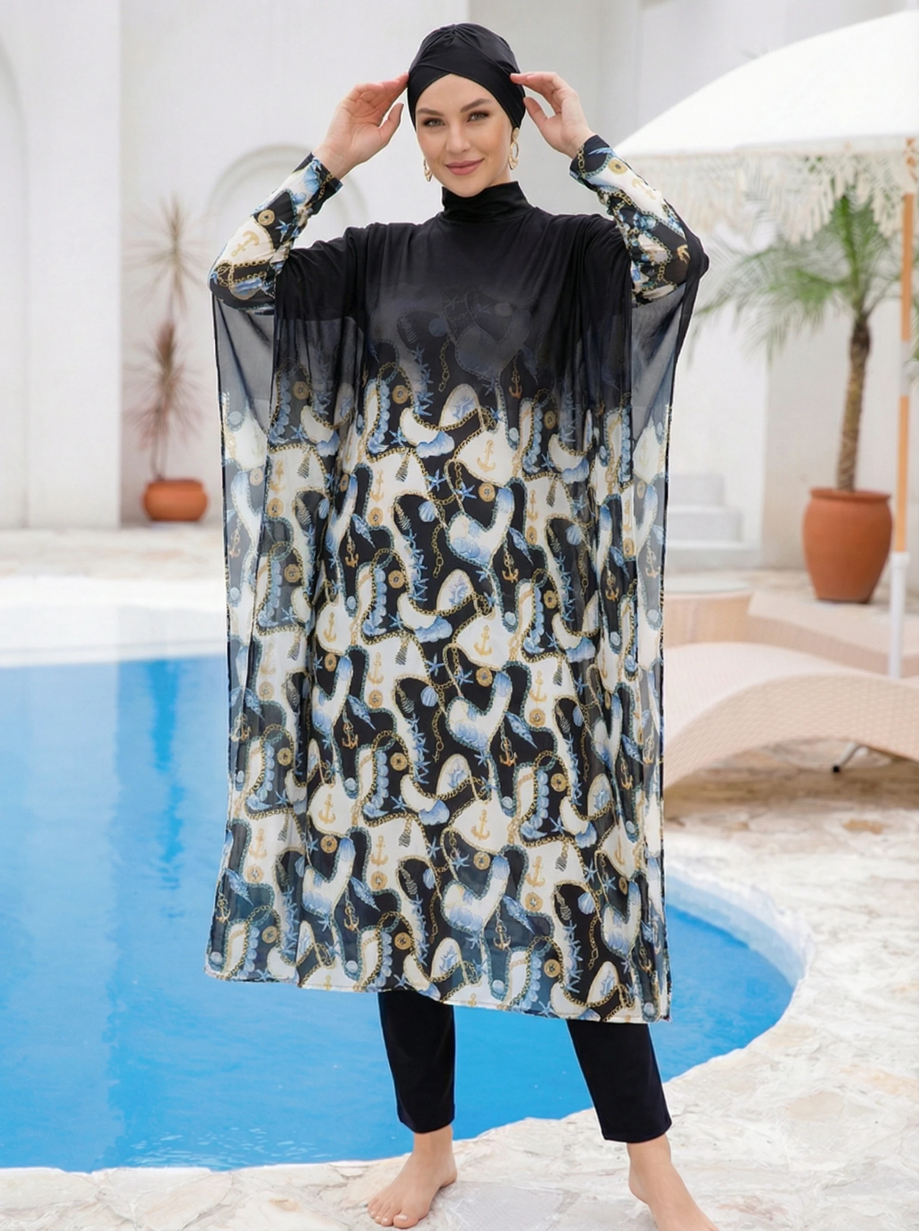 4-teiliges Burkini-Set, langärmlig, vollständig bedeckend, konservativer Badeanzug, Urlaubsstil, figurbetont, Strand-Badeanzug-Set für Damen – Detail 6