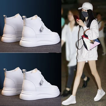 Womens White High Top Platform Sneakers Leather Upper Thick Sole Casual Lace Up Shoes Lightweight Non Slip Height Increasing 2
