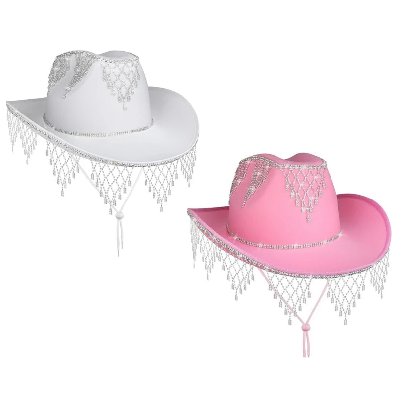 

Women Rhinestones Cowgirl Hat Glitter Bling Diamond Fringe Cowboy Hat for Party Music Festival Wide Brim Hat