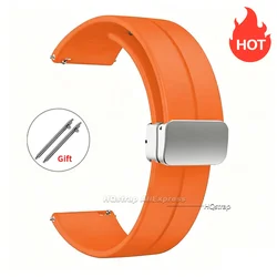 Magnetic Silicone Wristband with Metal Buckle - Quick Release Strap - 22mm (Orange - Silver)