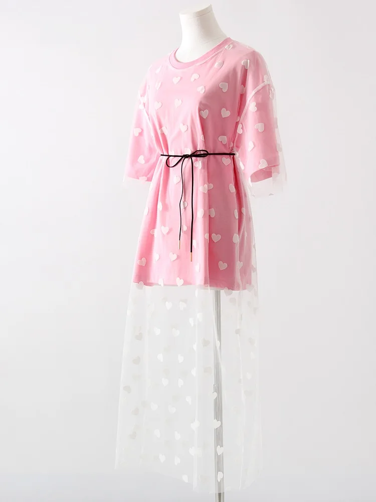 Long Mesh T Shirt Dress For Women Short Sleeve Heart Tulle Fake Two Piece Dresses WOmen's White Loose Maxi Dress With Heart Red