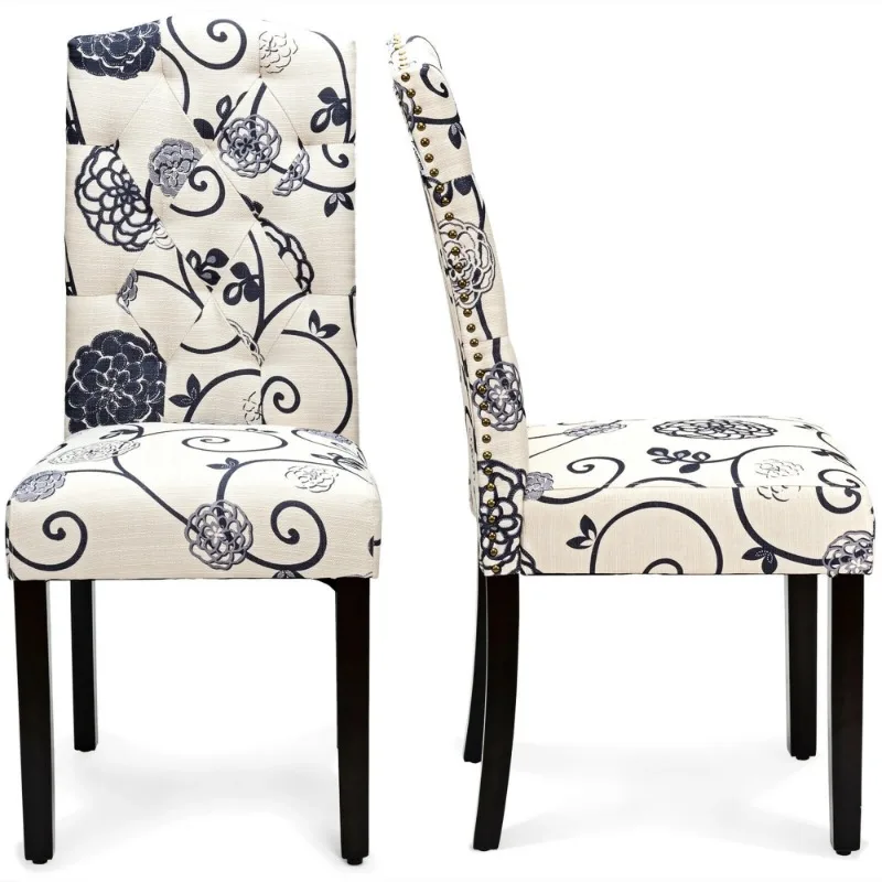 Set of 2 Tufted Dining Chair Upholstered Nailhead Trim Rubber Wooden Leg 5