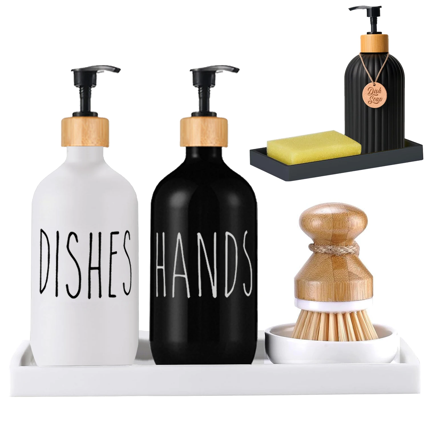 Soap Dispenser for Kitchen Sink Farmhouse Dish Soap and Hand Soap Bottle Bamboo Pump Soap Dispenser Kitchen Decor