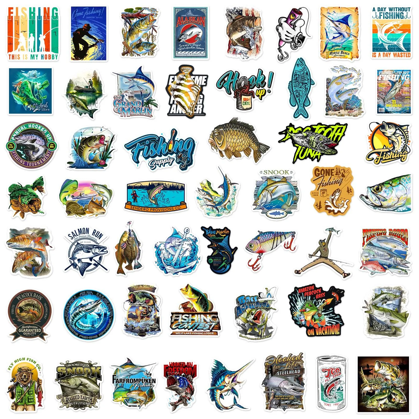 50pcs Outdoor Fishing Logo Stickers Decals Decoration Scrapbook Suitcase Luggage Motorcycles Bike Waterproof Graffiti Sticker 6