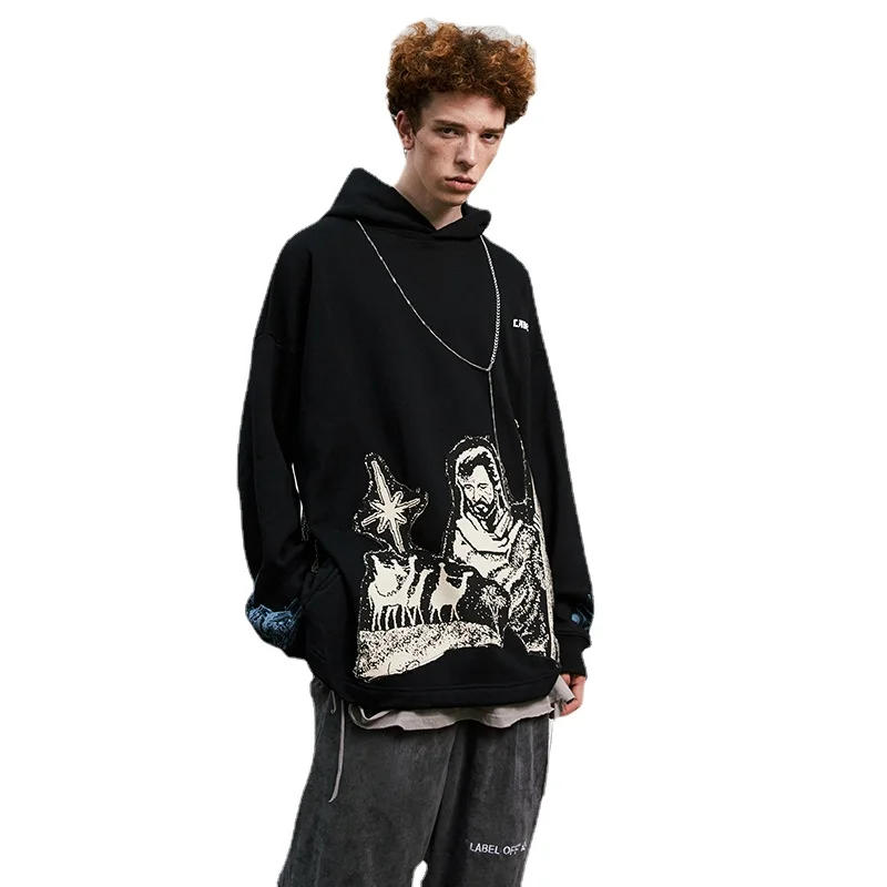 

#OVDY Tide Brand Harajuku Wind Oversize Loose Print Set Head Plus Fleece Sweatshirt Hip-hop Dark Country Tide Jacket