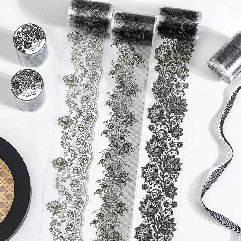 55mm*2m Black White Lace PET Tapes DIY Scrapbooking Junk Journal Aesthetics Decor Diary Collage Masking Tape Stationery Supplies 2