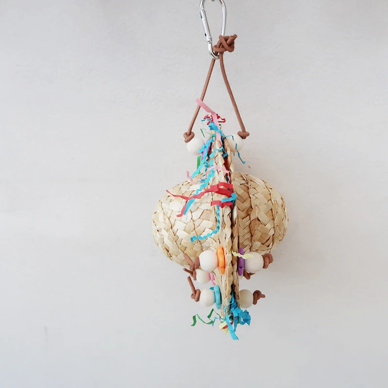 Handmade Straw Weaving Cap Shape Parrots Chew Toy Birdcage Hanging Swing Toy Bird Chew Standing Perches for Cockatiel Conure