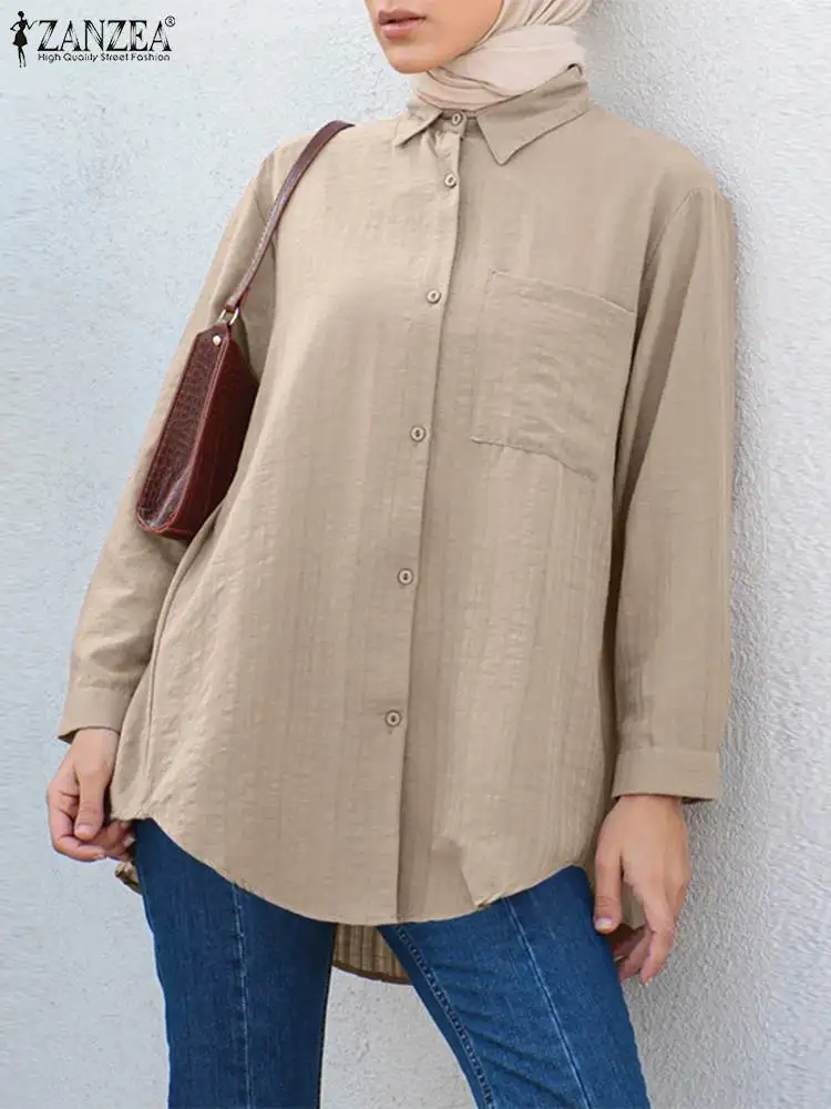 

Autumn Fashion Muslim Blouse ZANZEA Long Shirts Turkey Abaya Kaftan Women Long Sleeve Dubai Tops Turkey Blouses Islamic Clothing