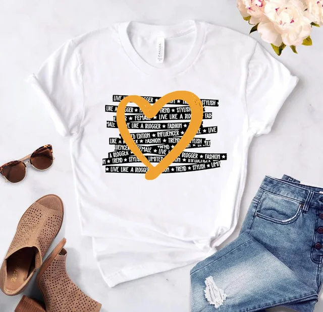 Heart flower print ladies T-shirt ladies casual basis O-collar white shirt short sleeve ladies T-shirt love graphic printing 37559