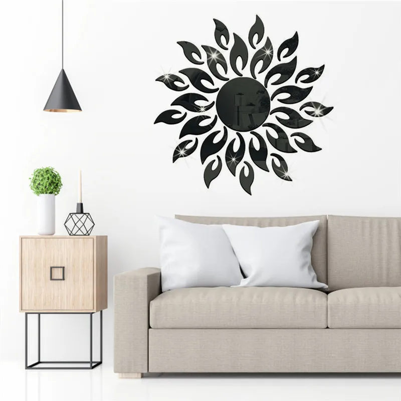 3D Sun Flower Wall Sticker Acrylic Mirror Flame Decorative Stickers Art Mural Decal Wall Decor Living Room Bedroom Decoration