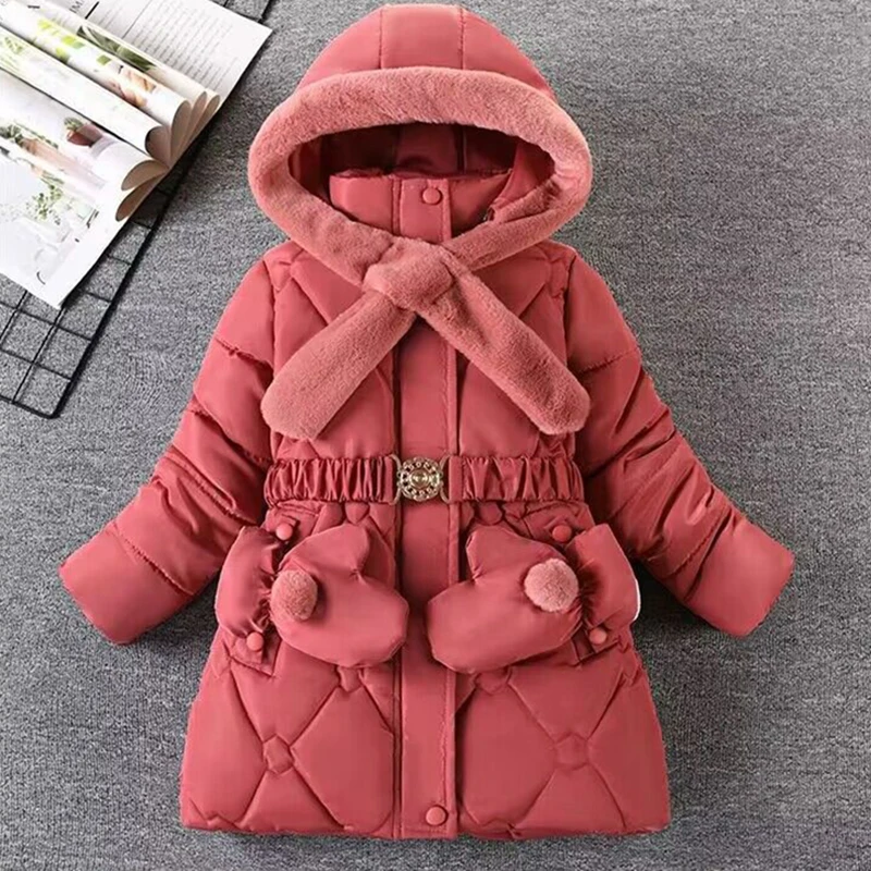 Girls Winter Jacket Fur Collar Hooded Zipper Outerwear 6-12 Years