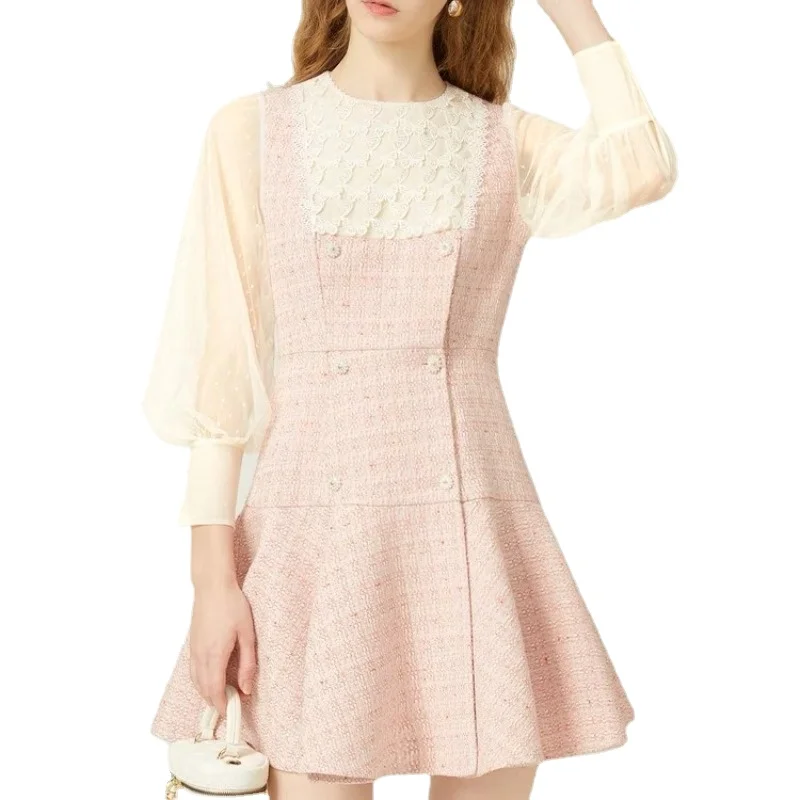 

VII 2023 Women's Dress Autumn Winter Female Clothing Round Collar Waist False Two Piece Mesh Splicing Ruffle Dress Free Shipping