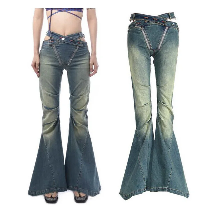Women's Gothic Style Denim Pants, Hollowed Out High Waisted Spiral Placket Jeans, Big Flared Trousers