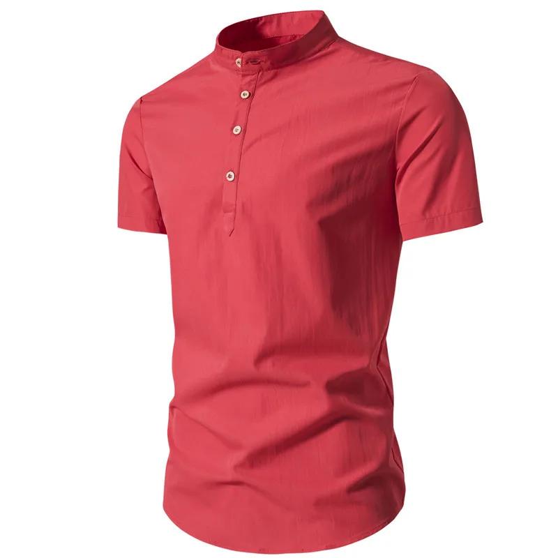 Summer KPOP Fashion Style Harajuku Slim Fit Tops Loose Casual All Match Ropa Hombre Stand Collar Solid Button Short Sleeve Blusa