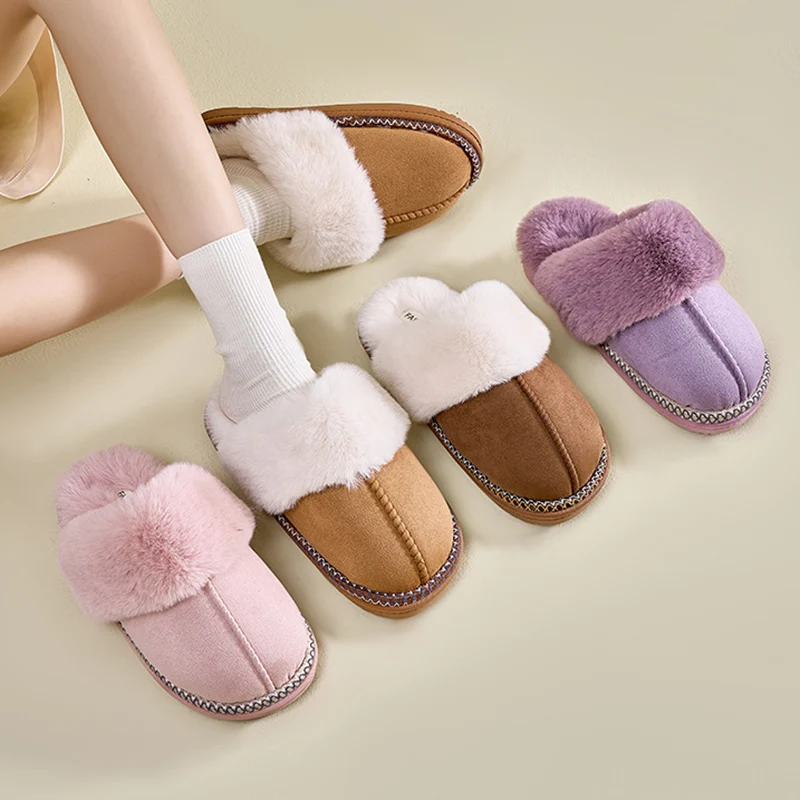 Fashion Faux Suede Plush Slippers for Women 2024 Thick Sole Winter Warm Fuzzy Slides Woman Non Slip Indoor Home Cotton Shoes