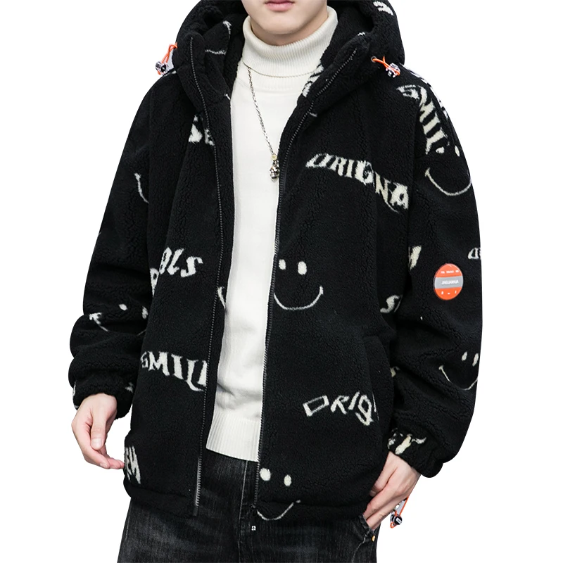 

Autumn Winter New Style Spliced Lamb Wool Cotton Coat Men's Trendy Hooded Cotton Coat Student Loose and Warm Cotton Fleece Coat