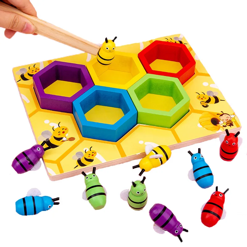 

Children's Toy Wooden Montessori Learning Education Parent child Interactive Toy Clip Small Bee Color Matching Cognitive Game