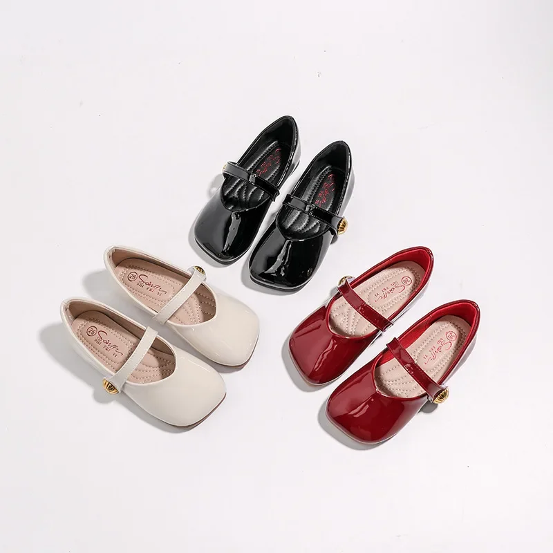 2024 Girl's Leather Shoes Square Toe Elegant Shallow Kids Mary Janes Flat Sole Comfy Children Single Shoes Girls Princess Shoes