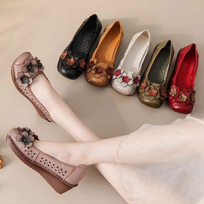 New Summer Real Leather Cutout Flats Woman Comfy Breathable
