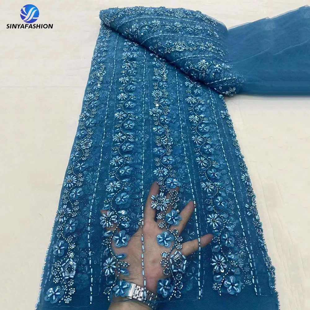 

Sinya Laser Embroidery Sequins Beads African Lace Fabric 5 Yards Heavy Handmade Beaded Lace Fabric Luxury For Lady Evening Dress
