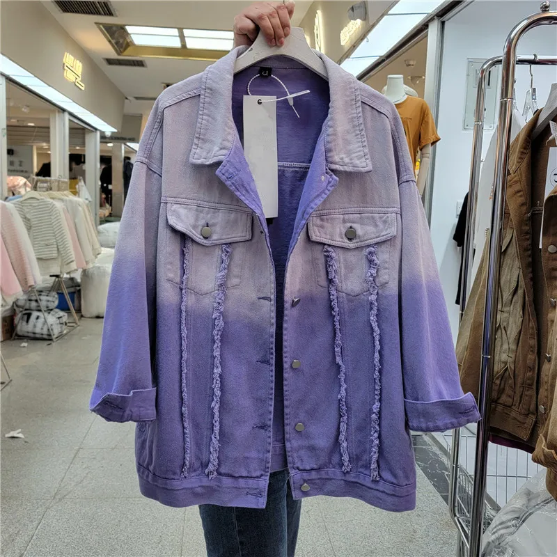 

Spring Fashion Gradient Color Denim Jacket Women Loose Casual Mid Long Cowboy Outerwear Frayed Big Pocket Jeans Jacket Female