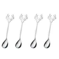 Set of 4 Christmas Elk Head Stainless Steel Coffee Spoons - Festive Table Decor and Holiday Gifts (5)