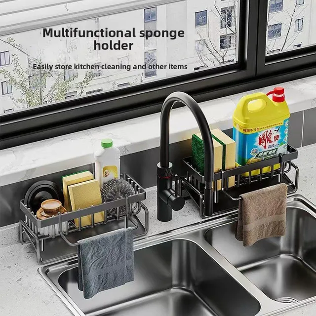 Kitchen Sponge Holder Drain Rack Sink Organizer for Dish Cloth Scrubber Storage with Hanging Hook 2