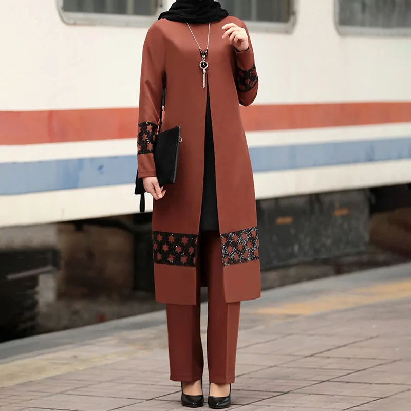 Two Piece Set Muslim Elegant Abaya Dress Women Musulman Turkey Hijab Dress Caftan Moroccan Kaftan Islam Clothing Abayas Suits