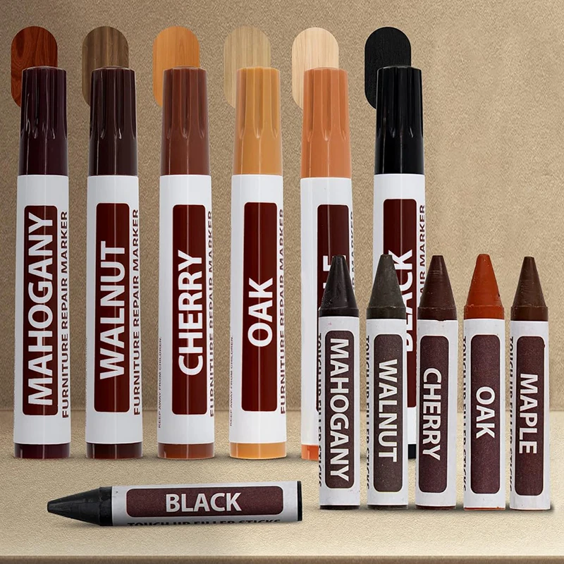 Furniture Markers Touch Up Wood Scratch and Stain Repair 8 Felt Tip Markers 8 Wax Stick Furniture Crayons & Sharpener Maple furniture repair markers