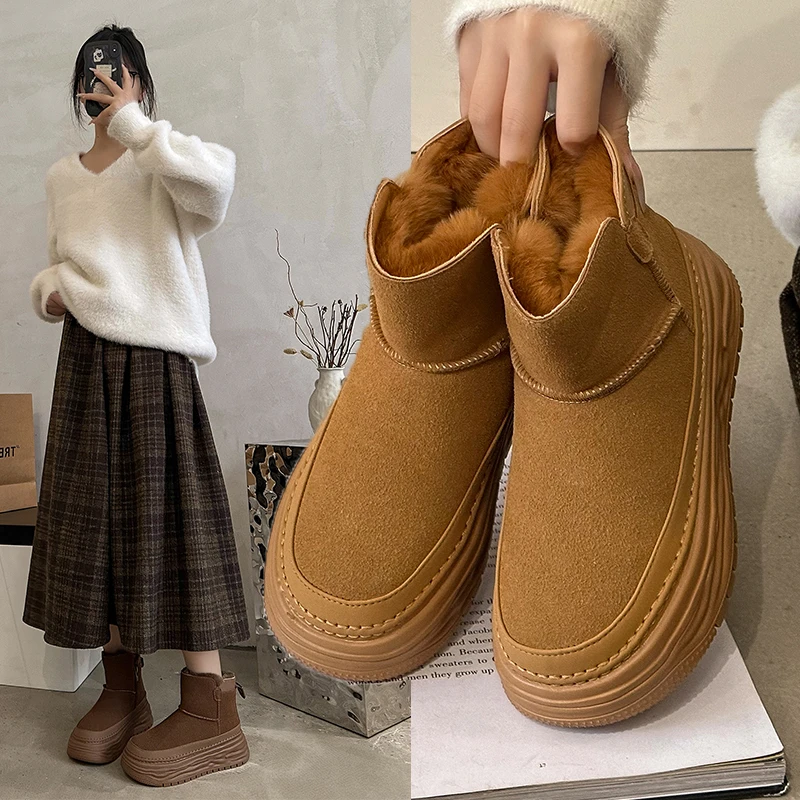 

Зимние ботинки для женщин, повседневные короткие ботинки на толстой подошве с плюшевой подкладкой для женщин, матовые водонепроницаемые хлопковые ботинки на платформе для женщин