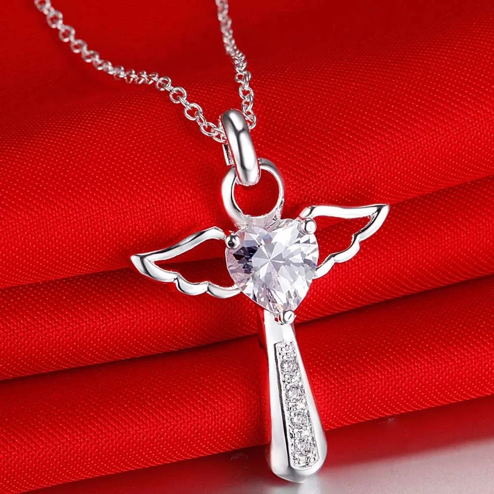 Silver Pendant Necklace 45cm 925 Sterling Silver angel fine crystal cross pendants Necklace For Women