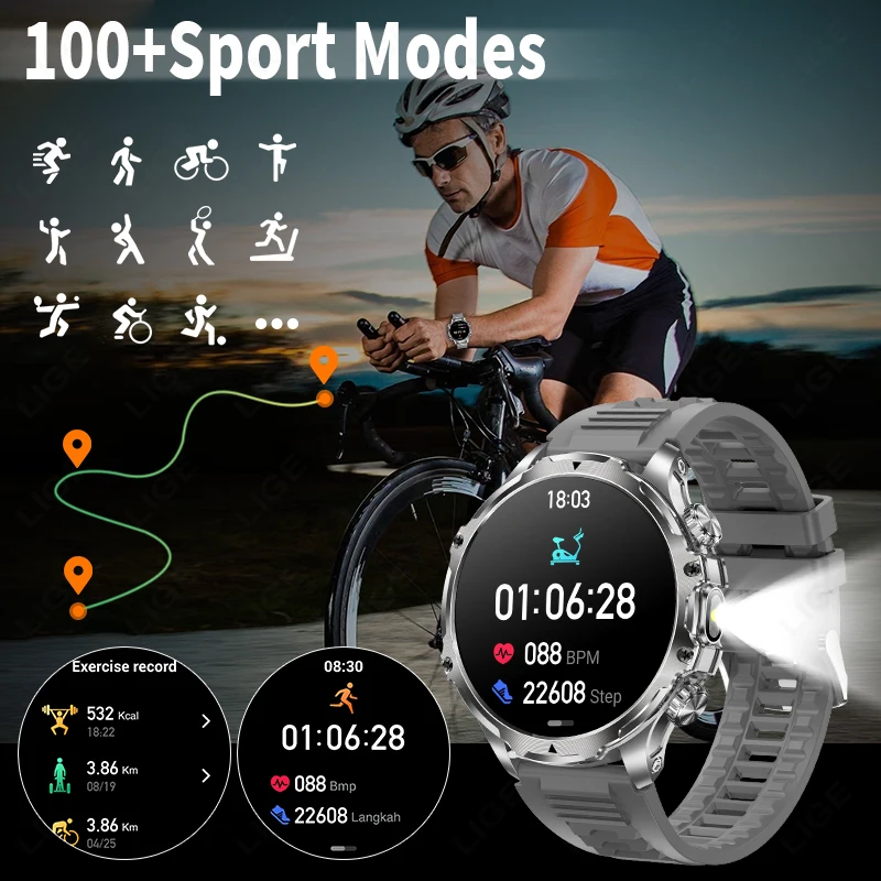 LIGE Smart Watch Men Flashlight 1.9inch 416*416HD Screen Outdoors Sports Fitness Tracker 700mah Large Battery BT Call Smartwatch