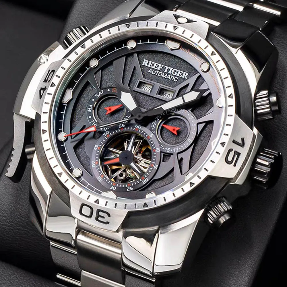 Reef Tiger Men's Tourbillon Mechanical Wristwatches Self-winding Luminous Calendar 100m Waterproof Center-seconds Sports Watch