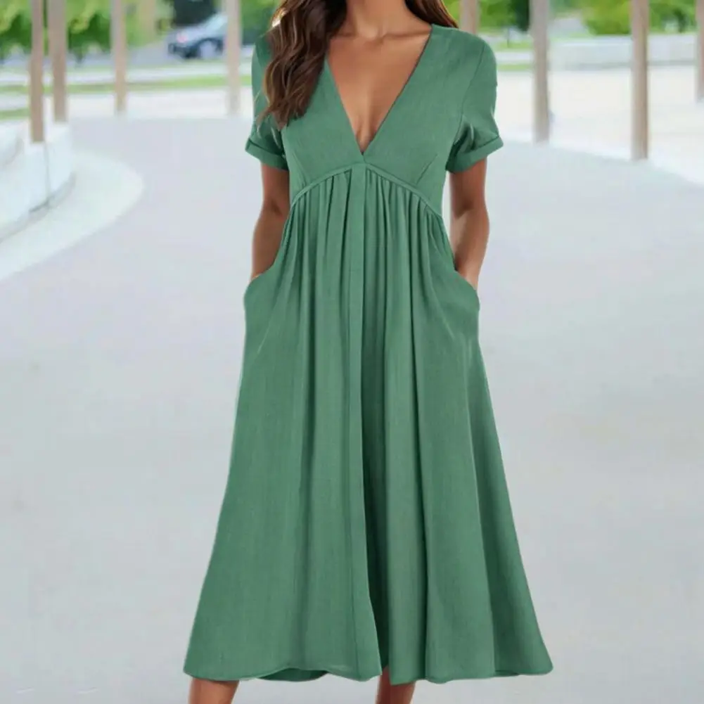 

Loose A-line Dress Elegant V Neck A-line Midi Dress with Pleated Hem Short Sleeves Pockets Women's Summer Vacation Beachwear