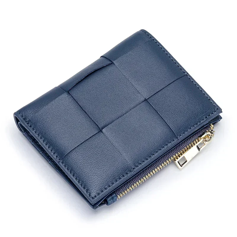 Women Genuine Sheepskin Leather Purse Handbag With Zipper Coin for Female Fashion Short Wallet Money Clip Knitting