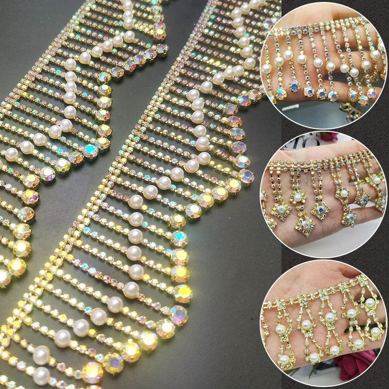 

20Cm Imitation Pearl Wave Rhinestone Fringing Crystal Chain Tassels Wedding Decoration Sew On Garment Banding Trim Diy
