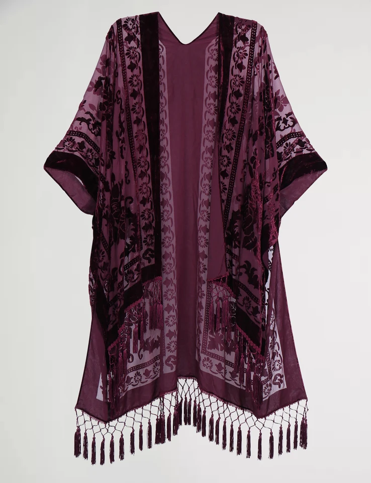 Burgundy Burnout Velvet Kimono Cardigan with Tassels