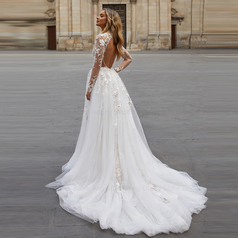 ANGEL Sexy Backless Wedding Dress For Bride Customized Applique Romatic Bride Gowns A-Line Tulle Applique Vestido De Novia 2