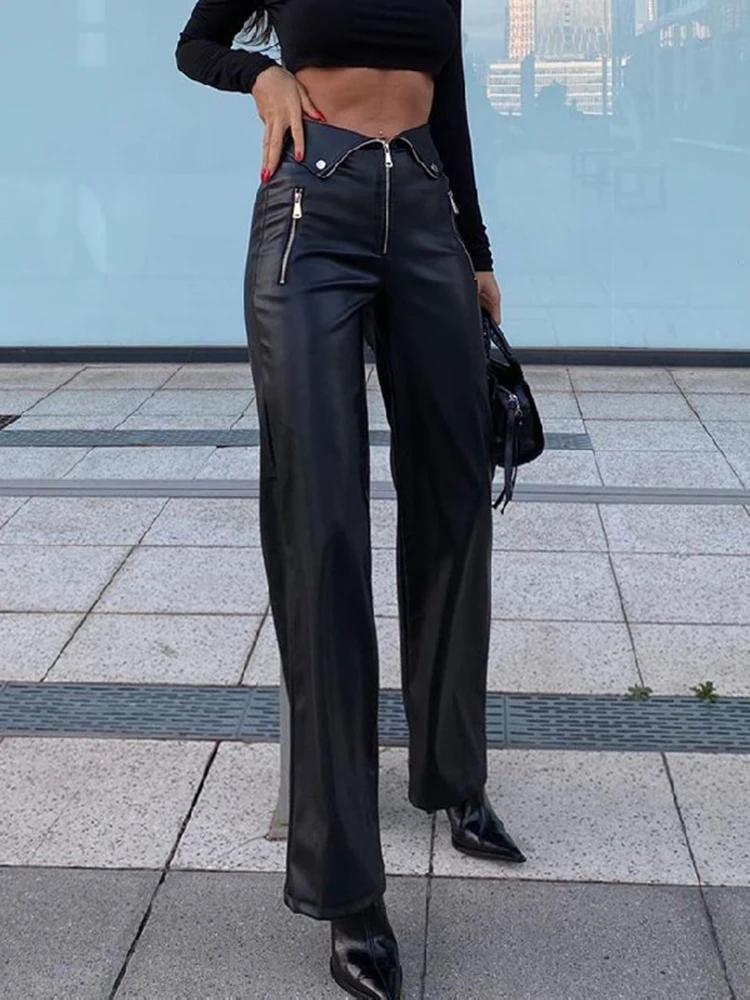 Cryptographic PU Leather Zip Up High Rise Pants Club Party